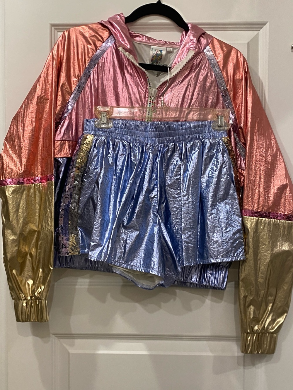 Queen of Sparkles Metallic Colorblock Hooded Jacket - Pink, Gold & Blue
